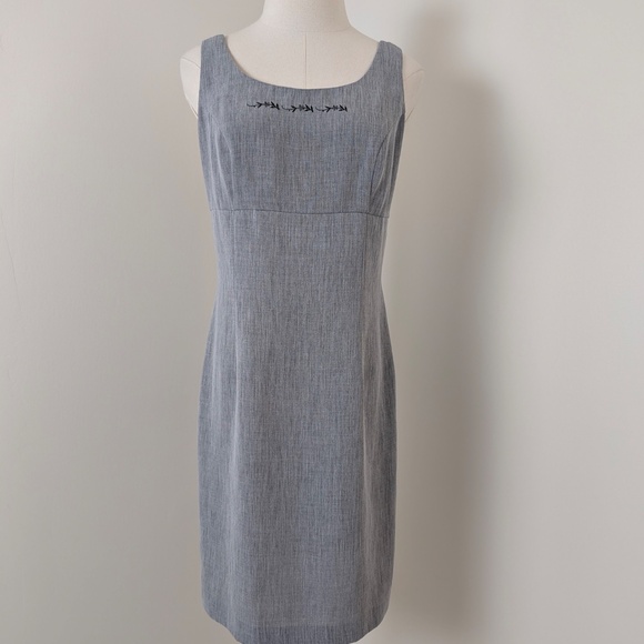 90s Mini Dress Grey Suzy Petites Pencil Embroidery Scoop High Neckline Slit - Picture 9 of 12